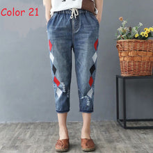 Load image into Gallery viewer, High waisted Embroidery Harem Jeans Distressed Women Loose Plus Size Womens Jeans With Embroidery Elastic Waist Denim Pants
