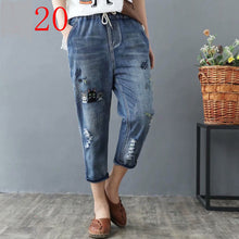 Load image into Gallery viewer, High waisted Embroidery Harem Jeans Distressed Women Loose Plus Size Womens Jeans With Embroidery Elastic Waist Denim Pants
