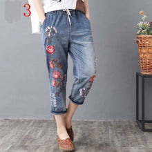 Load image into Gallery viewer, High waisted Embroidery Harem Jeans Distressed Women Loose Plus Size Womens Jeans With Embroidery Elastic Waist Denim Pants
