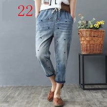 Load image into Gallery viewer, High waisted Embroidery Harem Jeans Distressed Women Loose Plus Size Womens Jeans With Embroidery Elastic Waist Denim Pants
