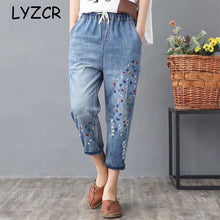 Load image into Gallery viewer, High waisted Embroidery Harem Jeans Distressed Women Loose Plus Size Womens Jeans With Embroidery Elastic Waist Denim Pants
