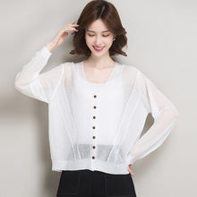 Load image into Gallery viewer, Lady Summer Knit Coat Elegant V-Neck Thin Knitwear Hollow Out Knit Outwear Long Sleeve See Through Knit Cardigan
