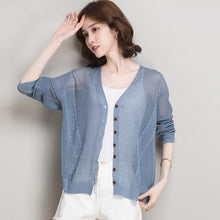 Load image into Gallery viewer, Lady Summer Knit Coat Elegant V-Neck Thin Knitwear Hollow Out Knit Outwear Long Sleeve See Through Knit Cardigan
