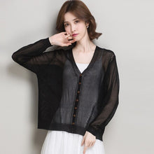 Load image into Gallery viewer, Lady Summer Knit Coat Elegant V-Neck Thin Knitwear Hollow Out Knit Outwear Long Sleeve See Through Knit Cardigan
