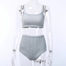 Load image into Gallery viewer, Letter Print Plaid Solid Sportswear Two Piece Set Women Sleeveless Crop Top + Booty Shorts Casual Sweatsuit Outfit Plus Size 5XL
