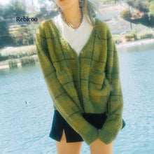 Load image into Gallery viewer, New Vintage Plaid Green Plush Knitted Cardigans V-Neck Loose Sweaters Autumn Winter Clothes Sweater Women
