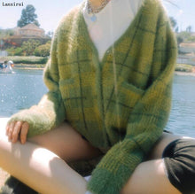 Load image into Gallery viewer, New cute kawaii vintage furry plush crop tops blue plaid short loose cardigan long sleeve V-Neck knitting sweater women
