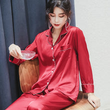 Load image into Gallery viewer, Pajamas Female Summer Long-sleeved Imitation Silk Sexy Woman Thin Section Home Service Ice Silk Trousers Suit Pigiama Donna
