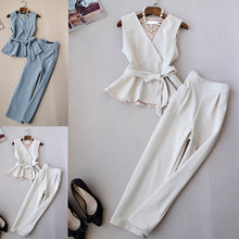 Load image into Gallery viewer, Spring Summer Fashionable Women  V-neck Peplum Bowknot Waist Top and Wide Leg Pants Clothing Set OL Set

