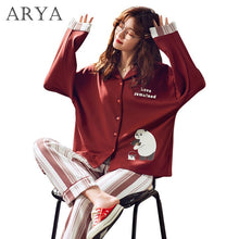 Load image into Gallery viewer, Women Pajama Set With Stripe Pants Summer Cartoon Printed Pyjamas Korean Japanese Pijama 100% Cotton Sleepwear Pijama Mujer Home
