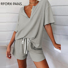 Load image into Gallery viewer, Women Soild Striped V-neck Tracksuit  Short Sleeve Drawstring Pajamas Set Casual Two Piece Set

