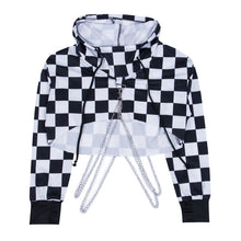 Load image into Gallery viewer, Women's Sexy Gothic Plaid Crop Top Hoodies Chain Long Sleeve Jumper Hooded Pullover Casual Sweatshirt Streetwear
