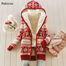 Load image into Gallery viewer, Women thick Fleece Knitted Hooded Cardigans snowflake Crocheted Sweaters Coat Slim Long Sleeved Thickening Velvet Winter Tops
